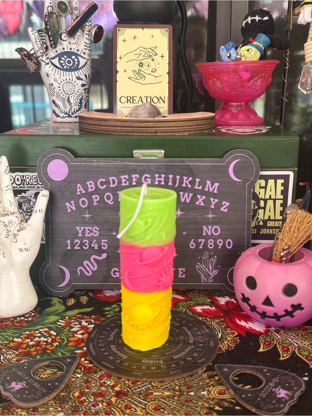 Hand Crafted Neon Green, Hot Pink & Bright Yellow Layered Ritual Candle in